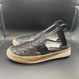 JOHNSTON AND MURPHY SLIP ON ESPADRILLES SIZE 8.5 BLACK METALLIC FLORAL LEATHER